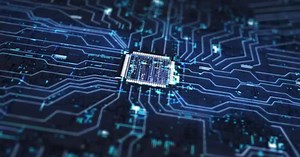 Futuristic Digital Circuit Board with CPU and Glowing Data Flow
