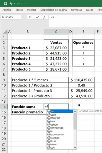 Operadores aritméticos en Excel