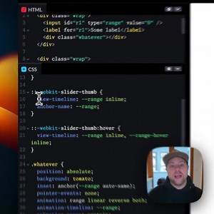 Learned from a Roman Komarov blog post (https://buff.ly/3syXMix) that you can attach a `view-timeline` to a range inputs slider thumb! Whaaaat. (Chrome Canary w/ Experimental Web Features flag on). https://buff.ly/3upcjxC | CodePen | Facebook