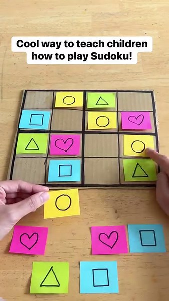 Meet the Sticky Notes Shape Sudoku Board – the coolest way to learn and play this puzzle wonder! 🟢There are so many benefits of playing Sudoku puzzles for kids AND adults. This simple game develops logical reasoning, problem-solving skills, numeracy skills and also teaches children patience, persistence and focus. 🔺Use this Shape Sudoku board to demonstrate how the game works. The colorful shapes make solving a breeze! And with sticky notes at your service, resetting and adjusting the challeng