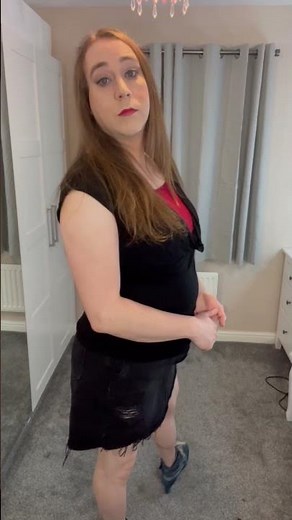 Crossdresser Jessica Wearing Black Denim Mini Skirt