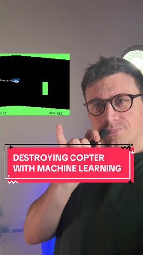 PLEASE FOLLOW: This took me around 2 months to create, and it is slightly depressing condensing it into a 2 minute video lol! HOW IT WORKS: This is built to work entirely in the browser using native Javascript and TensorFlow.js. Each of the copters has their own small feed-forward neural network. On every frame, the network receives a fixed set of inputs: things like its vertical position, vertical speed, distance to the next obstacle, the size of the gap, upcoming terrain, and the current game 