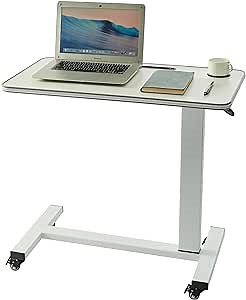 Overbed Table with Wheels, Fully Adjustable Pneumatic Work From Home Table With Stainless Steel Castors for Sitting, Standing or Lying in Bed. Hospital Bed Table, Over Bed Table. 29" - 44" Height Adj.