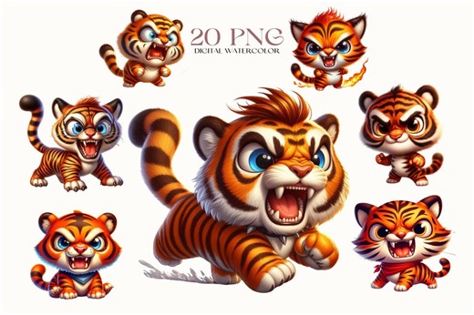 Angry Tiger Clipart, Tiger Life PNG, Animals Illustrations PNG, Watercolor Cartoon Clipart, Funny Animals Clipart, Birthday Clipart - Etsy