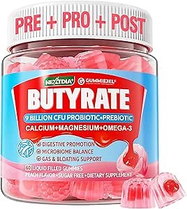 Butyrate Gummies with Probiotic + Prebiotic + Postbiotic, Omega-3 500mg,Fiber with 9 Billion CFU Probiotics, Calcium & Magnesium, Inulin,Psyllium Husk for Digestive Health,Bloating Support,Sugar Free