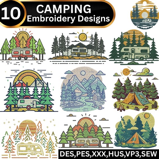 Camping Embroidery Designs Bundle: RV, Tent, Forest, Mountain Scenes (digital Download) - Etsy