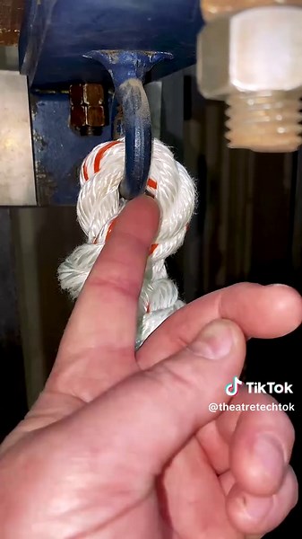 More justification for using two half-hitches (a.k.a. clove hitch around itself) as your best choice for purchase line termination to your arbor top and bottom. The bowline will quickly induce a hard bend that will shorten the working life of your rope: as seen in two 20-year-old bowlines that are (were) tempting fate. 34 of 44 purchase lines have been replaced with new Multiline II, so soon to be finished in this venue. The concert hall is already done, with all 12 lines replaced. #Theater #ALP