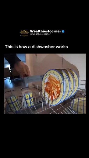 A dishwasher works by blasting hot, soapy water through rotating spray arms to remove food and grime, followed by a rinse with clean water and a drying phase. It goes through several cycles—pre-rinse, wash, rinse, and dry—each using water to ensure sparkling results. While the high-pressure spray ensures a deep clean, it also contributes to higher water use. Thankfully, modern dishwashers are built to be far more water-efficient than older models. (via: @moltenscience) Follow @wealthiestcorner f