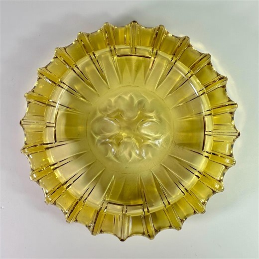 Vintage Mid Century Heavy Amber Fostoria Blenko Pressed Glass Ashtray 10” Sunburst MCM Collector