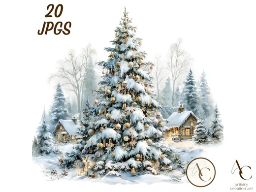 20 Christmas Tree Scene JPG, Snowy Winter Forest Clipart, Watercolor Xmas Season, Snow Festive Scenery Landscape, Nature Holiday Background - Etsy