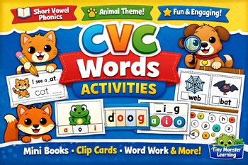 CVC Words Activities/Short Vowel Phonics/Animals Literacy Pack/Tiny Monster
