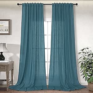 Teal Blue Curtains 96 Inches Long for Living Room 2 Panels Set Back Tab Loop Pocket Drape Light Filter Semi Sheer Soft Linen Turquoise Curtain for Bedroom Coastal Beach French Country Decor 8 FT 52x96