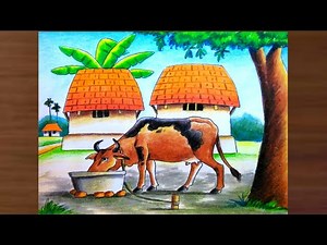 Village scenery drawing with cow step by step/cow drawing/Village scene drawing