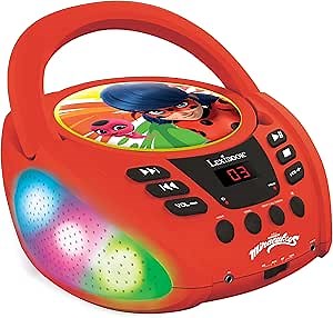 LEXIBOOK, Miraculous Ladybug Cat Noir, Bluetooth CD Player for Kids, Portable, Multicoloured Light Effects, Microphone Jack, Aux-in Jack, AC or Battery-Operated, Girls, Boys, Red, RCD109MI