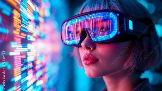 Profile of a woman wearing a neon color vr headset and interacting with a digital interface in a metaverse