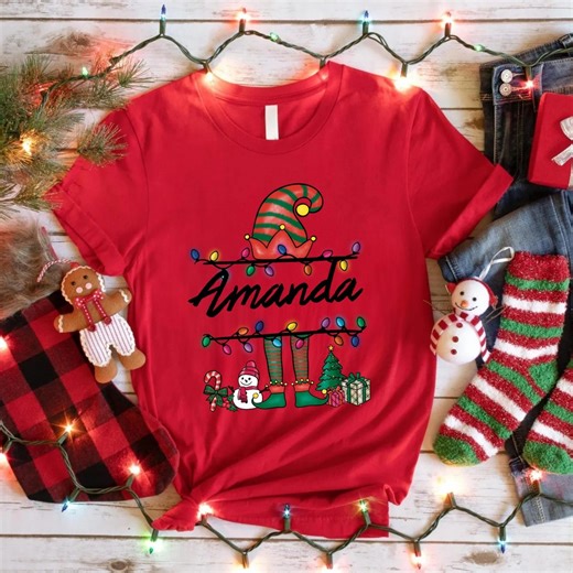 Personalized Elf Name Christmas T-shirt, Custom Holiday Lights & Stockings Tee, Fun Family Matching Xmas Apparel. - Etsy