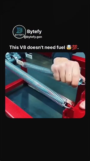 Bytefy on Instagram: "This spring powered V8 engine is a mechanical concept, not a real power source. It stores energy through manual winding and releases it via precisely synchronized springs to create motion. It doesn’t generate energy, can’t run continuously, and isn’t designed for real vehicles. The purpose is to demonstrate timing, coordination, and core mechanical engineering principles in a visually engaging way. Not practical, but a strong example of engineering creativity and design thi