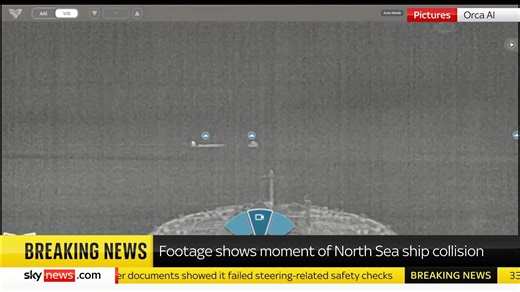 BREAKING: Sky News has received footage showing the moment the cargo ship crashed into a tanker in the North Sea on Monday. Sky's Frazer Maude has the details... Latest ➡️ https://trib.al/T7f3SdX 📺 Sky 501, Virgin 602, Freeview 233 and YouTube | Sky News