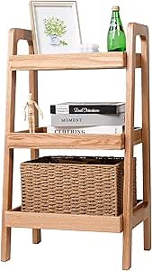 3-Tier Ladder Shelf, Solid Wood Ladder Bookshelf, Mid-Century Modern Leaning Shelves, Oak Wooden Floor Bookcase w/Storage Rack, End Side Table for Living Room Kitchen Bedroom, Natural
