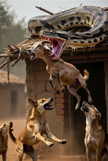 Giant Snake Attacks Goat on Roof | Dogs Barking Trying to Save It
