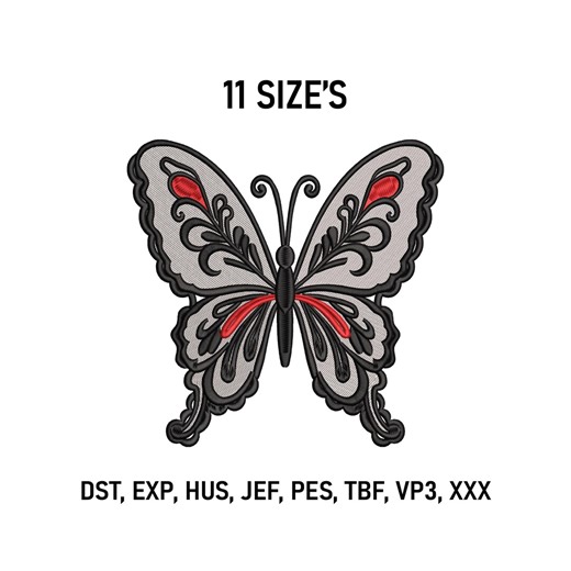 Butterfly Machine Embroidery Design, Red And Black Summer Nature Inspired Butterfly Pattern, Instant Download.