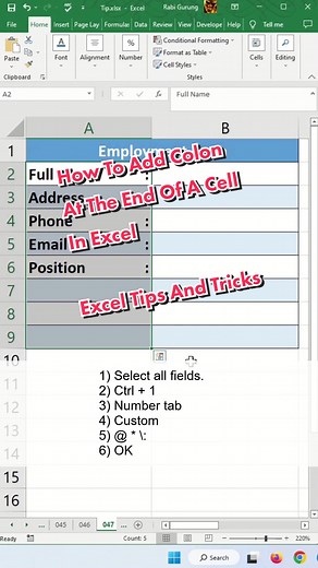 How To Add Colon At The End Of A Cell In Excel - Excel Tips And Tricks #microsoft #tipsandtricks #exceltips #tips #excel #exceltricks #learnfromme #fyp