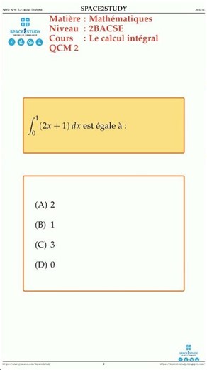 QCM 2 Serie 9 Le calcul integral 2BACSE Maths space2study M2BSES9v4 #shorts