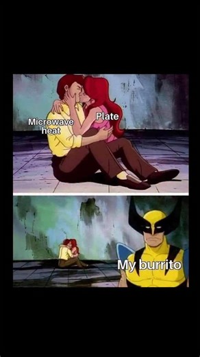 Johnny Bravo Explains Memes on Instagram: "Hey everyone, Johnny here to explain. This meme humorously captures the all-too-familiar frustration of unevenly heated food using a dramatic scene from the classic X-Men animated series; in the first panel, a man labeled “Microwave heat” passionately embraces a woman labeled “Plate,” perfectly illustrating how, when you microwave food, all the warmth seems to transfer to the plate instead of the actual meal, leaving the food neglected; in the second pa