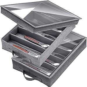 2 Pcs Silverware Organizer with Lid Silverware Storage Box Flatware Storage with Handle Utensil Organizer with Lid for Spoons Forks Knives Cutlery Holder Case, 5 Compartment Removable