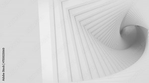 3D rendering of a looping animation of rotating white rectangular frames forming a spiral tunnel