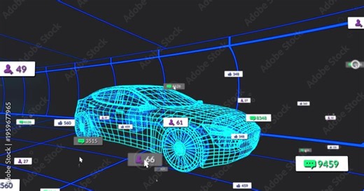 Neon wireframe car static while badges appearing, updating, thinning as cursor selecting metrics