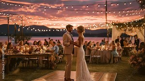 Joyful wedding reception with sunset and dancing guests at twilight