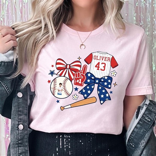 Custom Baseball Photo Shirt, Personalized Name and Number Baseball Mama Tee, Coquette Bow Baseball Shirt, Game Day Mom Gift, Baseball Drip - Etsy