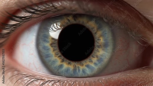 Close-up 3D model of a human eye, with the iris and pupil adjusting to light, showing the biological process