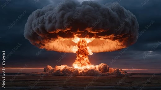 Atomic mushroom cloud explosion over barren plain dusk with dramatic orange fireball and dark storm clouds, nuclear blast mushroom cloud glowing sky with smoke plume, destructive shockwave impact