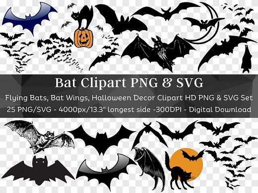 Bat Clipart 25 PNG & SVG Bundle | Bat Clipart Silhouette Halloween Svg Spooky Night Bat Flying Bats| Cut Files for Cricut | Digital Download - Etsy UK