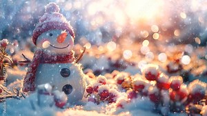 a smiling snowman standing in a snow-covered field, Seamless looping time-lapse virtual 4k video animation background