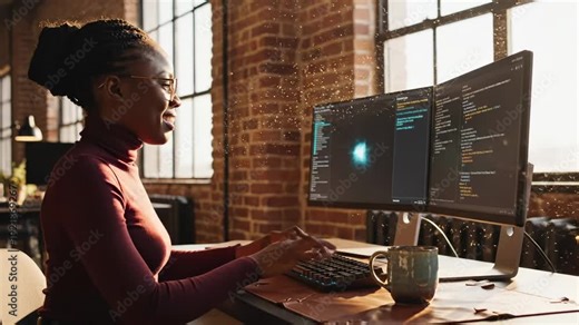 Woman programmer works with artificial intelligence visualization on computer. Developer codes AI neural network in office. Female engineer programs machine learning software at modern workspace.