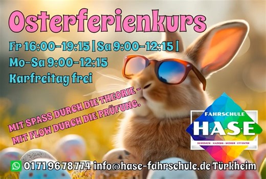🐰✨ Osterferienkurs (Theorie) – Türkheim 📅 27.03.2026 bis 04.04.2026 Mit Spaß durch die Theorie – mit Flow durch die Prüfung! 😎📚 🕒 Unterrichtszeiten: • Fr: 16:00–19:15 • Sa: 09:00–12:15 • Mo–Sa: 09:00–12:15 ✅ Karfreitag frei 📲 Anmeldung & Infos: WhatsApp: 0171 967 8774 ✉️ info@hase-fahrschule.de 🌐 hase-fahrschule.de (oder QR-Code scannen) #Osterferienkurs #Fahrschule #Türkheim #Theorieunterricht #Führerschein #Ferienkurs #fahrschulehase 🎥 Hinweis: Das Video wurde mit KI erstellt. | Fahrsc