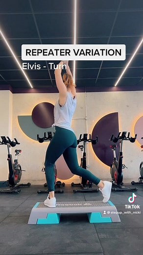 Tutorial Repeater Variation- Knee Elvis Knee - Turn on Step #tutorial #reapeater #variation #stepaerobic #elvis #knee #basicstep #turn