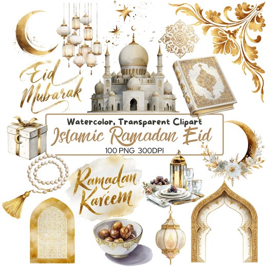 100 PNG Islamic Gold and White Watercolor Clipart Bundle | Ramadan and Eid Clipart | Luxury Mosque, Lantern, Crescent, Arabic Decor. Quran - Etsy