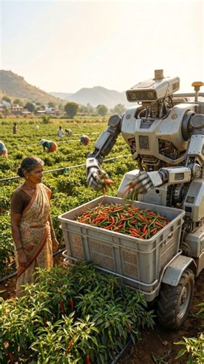 "Future of Farming: Robot Harvesting Chilies with Indian Farmers 🤖🌶️"