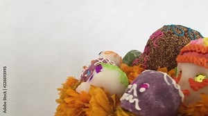Authentic skulls and cempasuchitl flowers for the day of the dead in Mexico