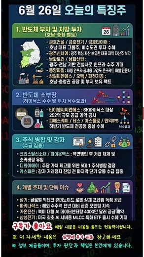 6월 26일 오늘의테마주 종목정리 (비수도권 1,000조 반도체 투자설, 하이닉스 252억 독점 수주, 삼기 휴머노이드 로봇 3연상 등)