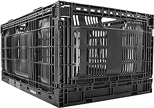 JEZERO Large Collapsible Plastic Storage Crate – Stackable Utility Bin with Folding Walls for Garage, Closet, Car Trunk, and Home Organization | Black, 24" x 16" x 11"