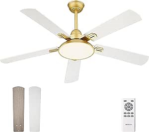Melkelen Gold Ceiling Fan, 52 Inch Ceiling Fan with Light and Remote, 5 White Blades, DC Motor, Modern Ceiling Fans with Lights for Outdoor Covered Patio Farmhouse Bedroom, MK06-GD