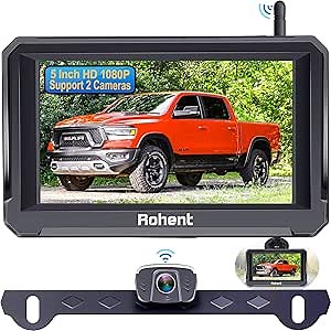 Rohent R3 HD 1080P Digital Wireless Backup Camera with 5'' Monitor License Plate Hitch Rear View Camera System for Cars,Trucks,Campers IP69 Waterproof Front/Rear View Switchable 8 IR Night Vision