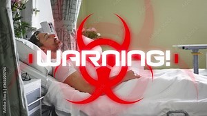Hazard sign with Warning text against patient on hospital bed