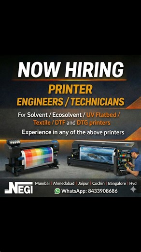 HIRING : service technicians/engineers for Flex printer /Eco solvent /UV flatbed / DTF /DTG /Textile printers Call NEGI SIGN SYSTEMS & SUPPLIES CO www.negisign.com whatsapp : 8433908686 #roland #mimaki #epson #flexprinter #DTF #DTG #UVprinter | NEGI SIGN SYSTEMS & SUPPLIES CO.