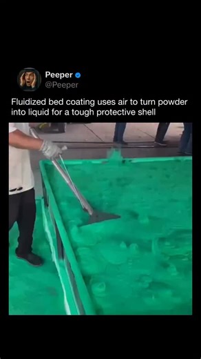 PEEPER on Instagram: "Fluidized bed coating is an industrial process that uses air to make solid powder behave like a liquid for uniform coating. Air is pumped upward through fine polymer or resin powder, suspending the particles so they flow smoothly around objects dipped into the bed. When preheated metal parts are submerged, the powder melts on contact, forming an even, durable protective layer once cooled. This method is commonly used for corrosion resistance, electrical insulation, and impa